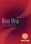Book cover for 'Reo Ora: A Māori Language Course for Intermediate Learners' by Rāpata Wiri, featuring a deep red and magenta gradient background with white and pink text and decorative Māori-inspired curved patterns.